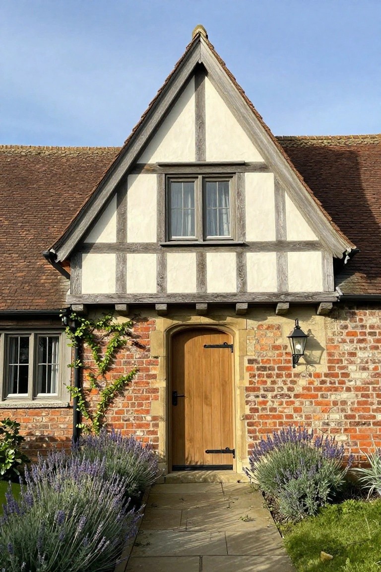 Tudor house exterior with dark timber framing on cream plaster walls, red tile roof, projecting gable over arched wooden front door with black iron hardware, brick base wall with ivy, lantern light, and lavender bushes along stone path.