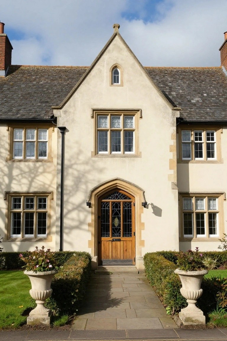 Front view of a two-story cream stucco Tudor house with dark timbering, gray slate roof, central arched wooden entry door with stained glass sidelight, flanked by boxwood hedges and stone urn planters on a paved pathway.