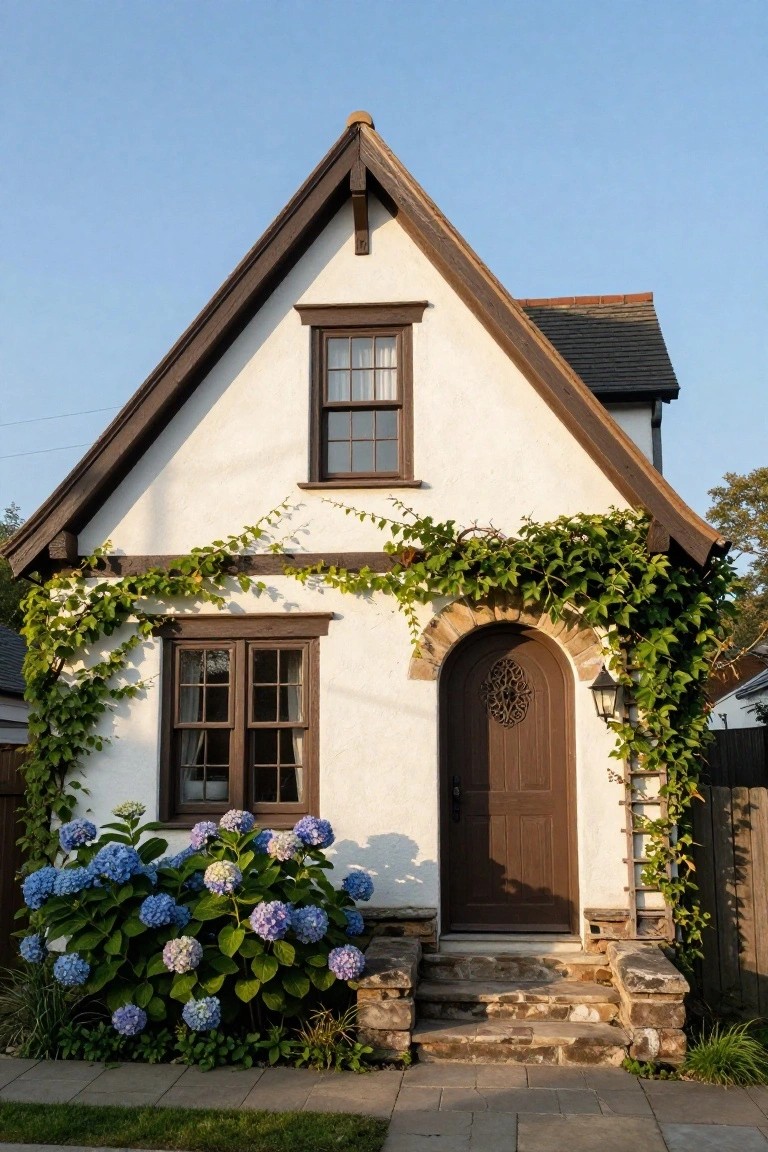 White stucco house with dark timber framing and steeply pitched roof, featuring an arched brown wooden door framed by climbing ivy and blue hydrangea bushes beside stone steps.