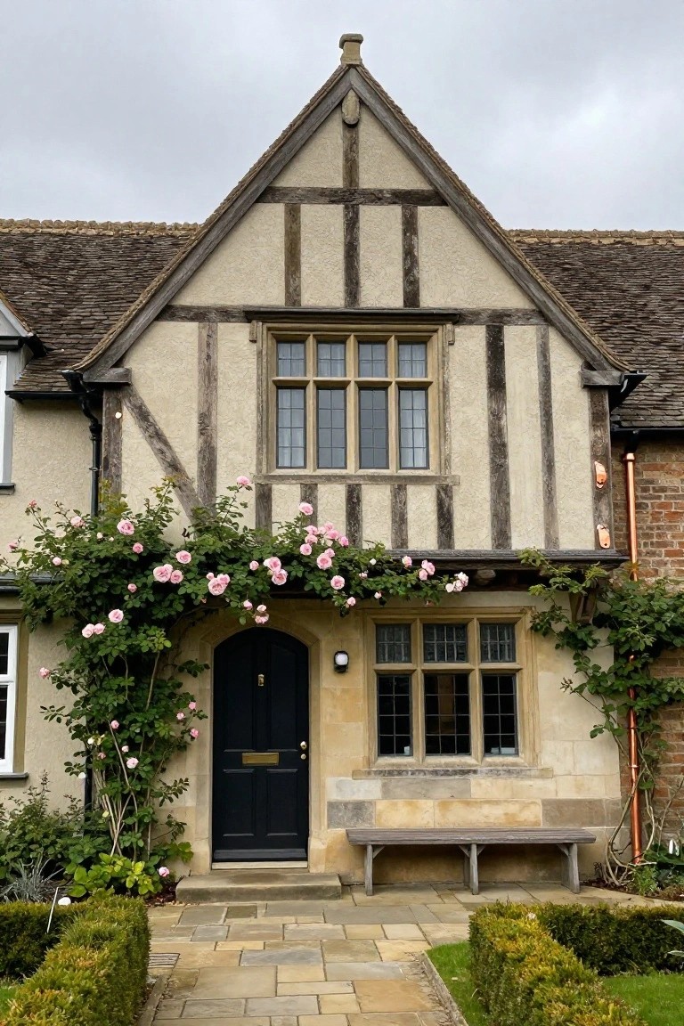 Tudor Revival house exterior with beige half-timber framing, pink climbing roses around a black front door, leaded glass windows, a wooden bench, boxwood hedges, and a stone pathway under a cloudy sky.