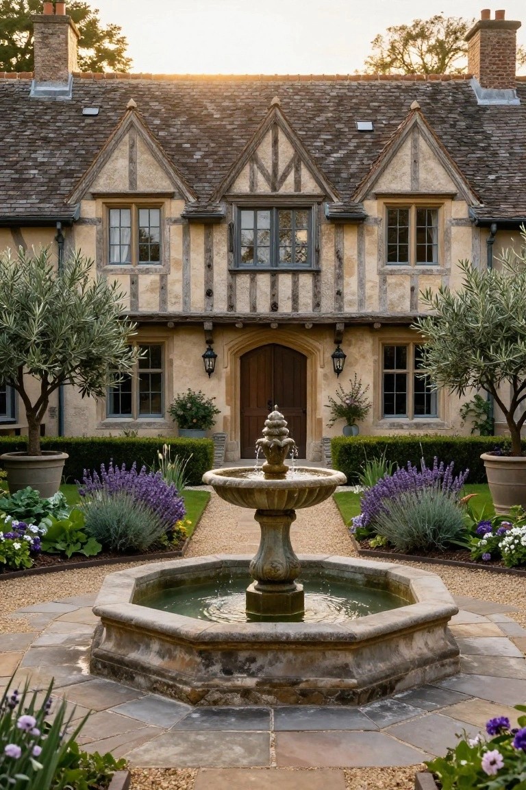 Tudor Revival house with beige stucco and dark timber framing, arched wooden entry door, lantern lights, flanked by potted olive trees, central octagonal stone fountain in paved courtyard with lavender and other plantings.