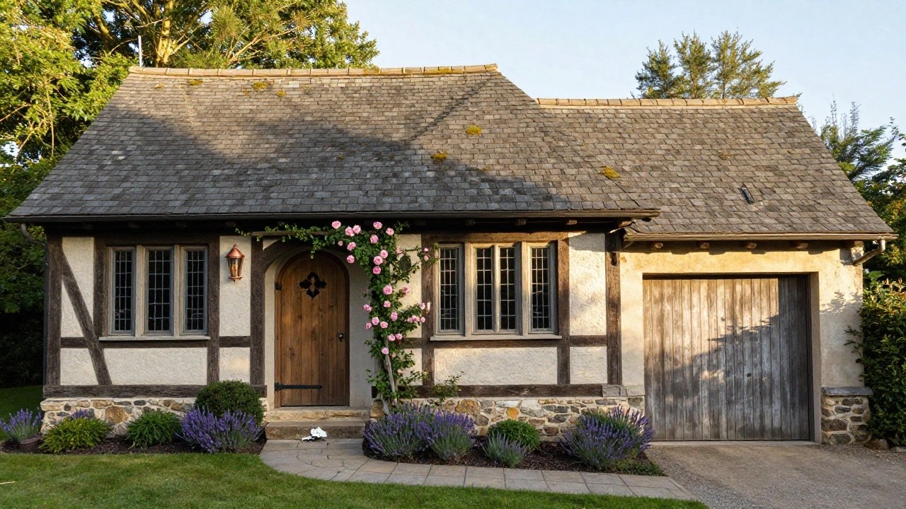 Tudor Revival house exterior with beige stucco walls and dark timber framing, pink climbing roses over an arched wooden front door, copper lantern light, lavender plants in the garden bed, and stone path to the street.