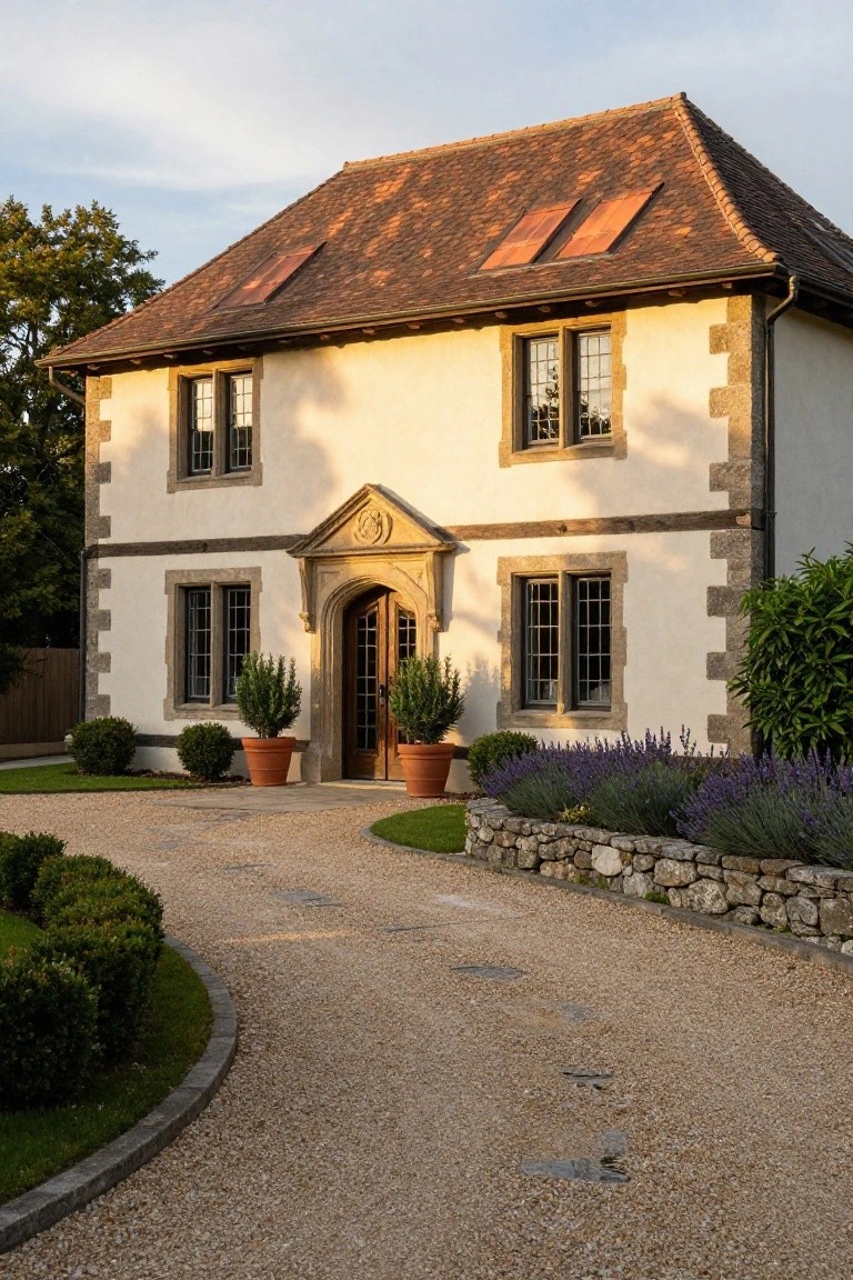 Beige stucco house exterior with dark timber framing, stone quoins and accents, red clay tile roof, arched wooden front door, potted topiary plants flanking the entry, lavender bed along stone wall, and curved gravel driveway.