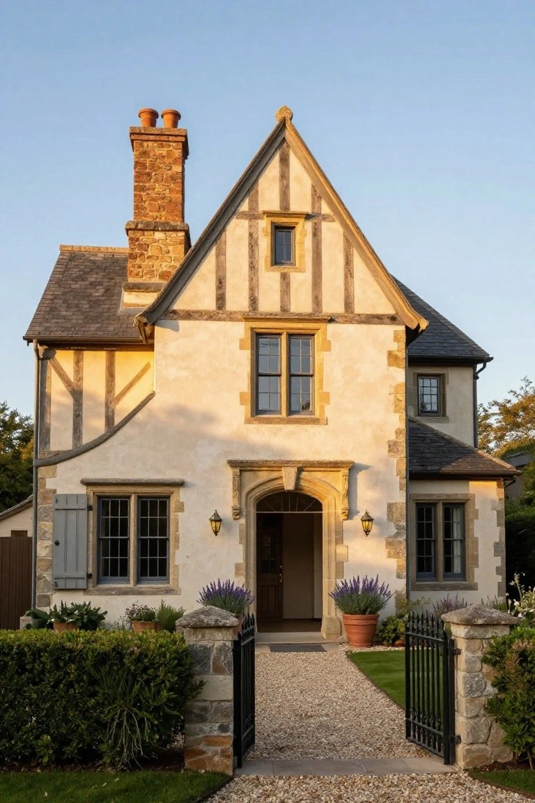 Beige stucco two-story house with dark half-timbering, stone accents around windows and arched entry door, twin brick chimneys, slate roof, wrought iron gate, lavender pots, boxwood hedges, and gravel path in front yard.
