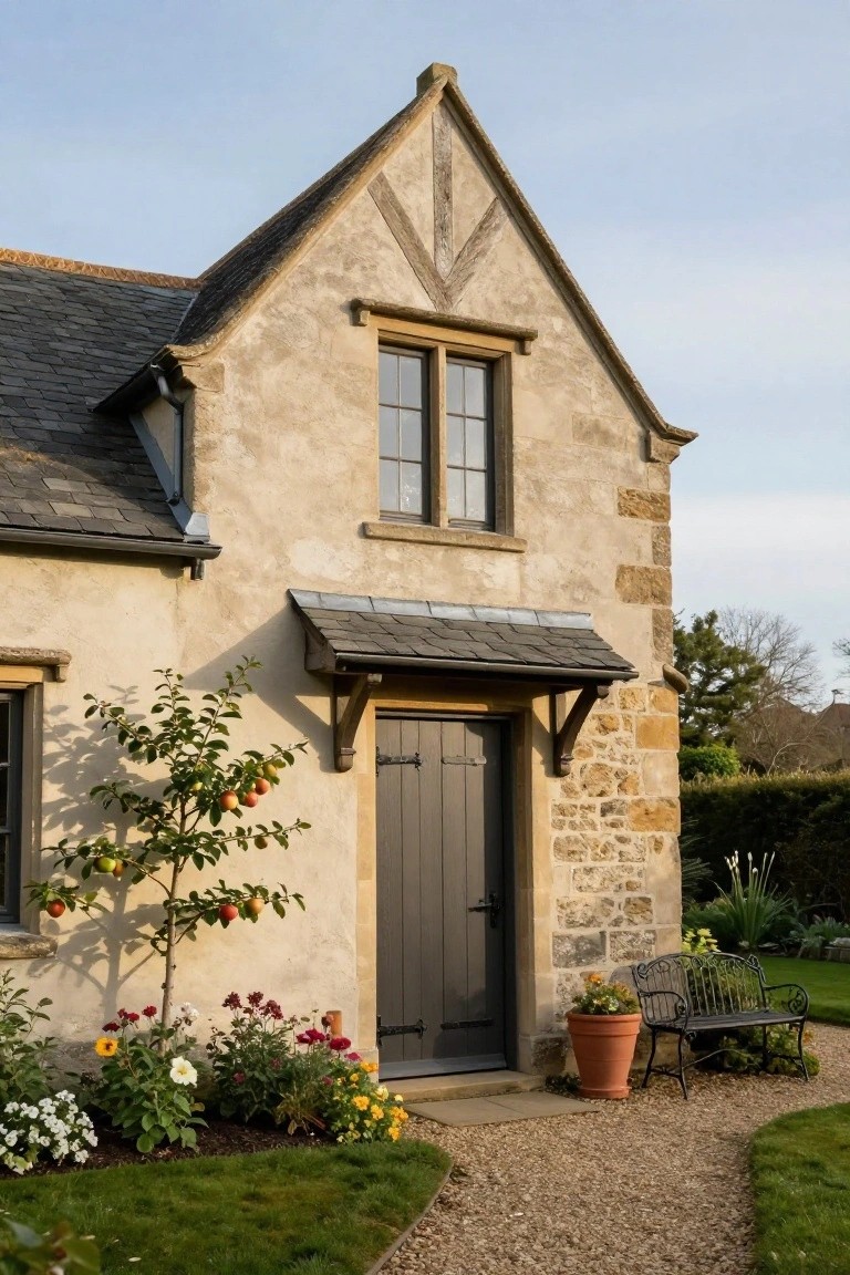 Stone cottage with gray door, window, and flowering garden.