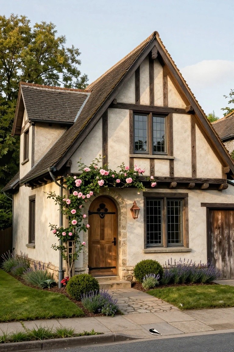 Tudor Revival house exterior with beige stucco walls and dark timber framing, pink climbing roses over an arched wooden front door, copper lantern light, lavender plants in the garden bed, and stone path to the street.
