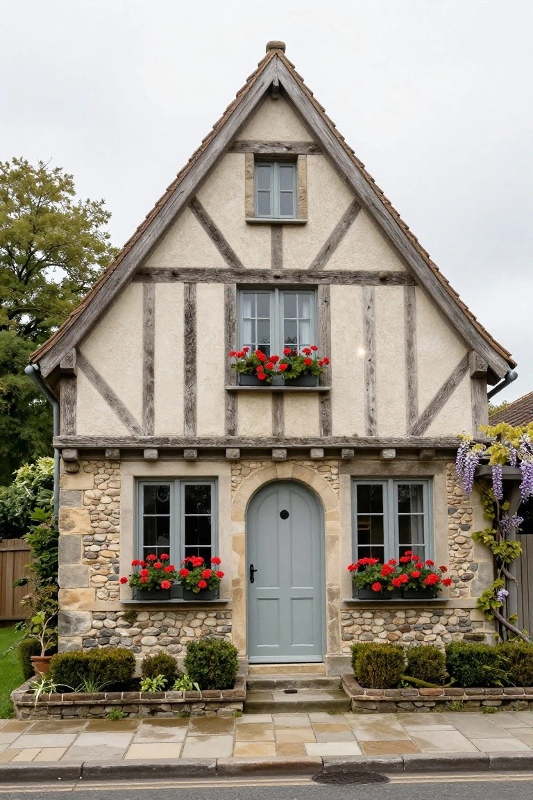 Two-story house exterior with dark half-timber framing on beige stucco walls, stone base, red geranium window boxes, arched blue front door, wisteria vine, shrubs, and paved pathway.