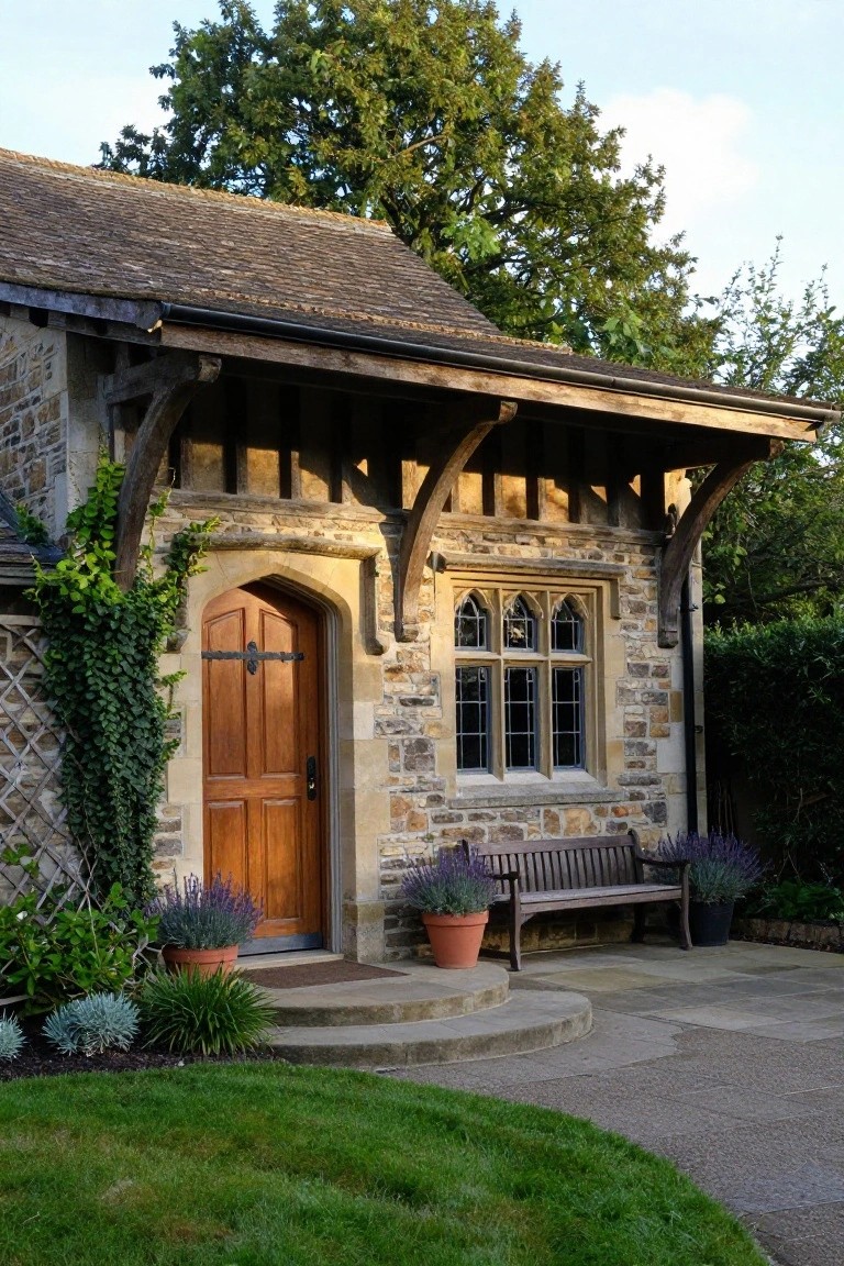 Stone house exterior in Tudor style with timber porch overhang, arched wooden front door, leaded glass window, potted lavender plants, wooden bench, and surrounding greenery on a paved entry.