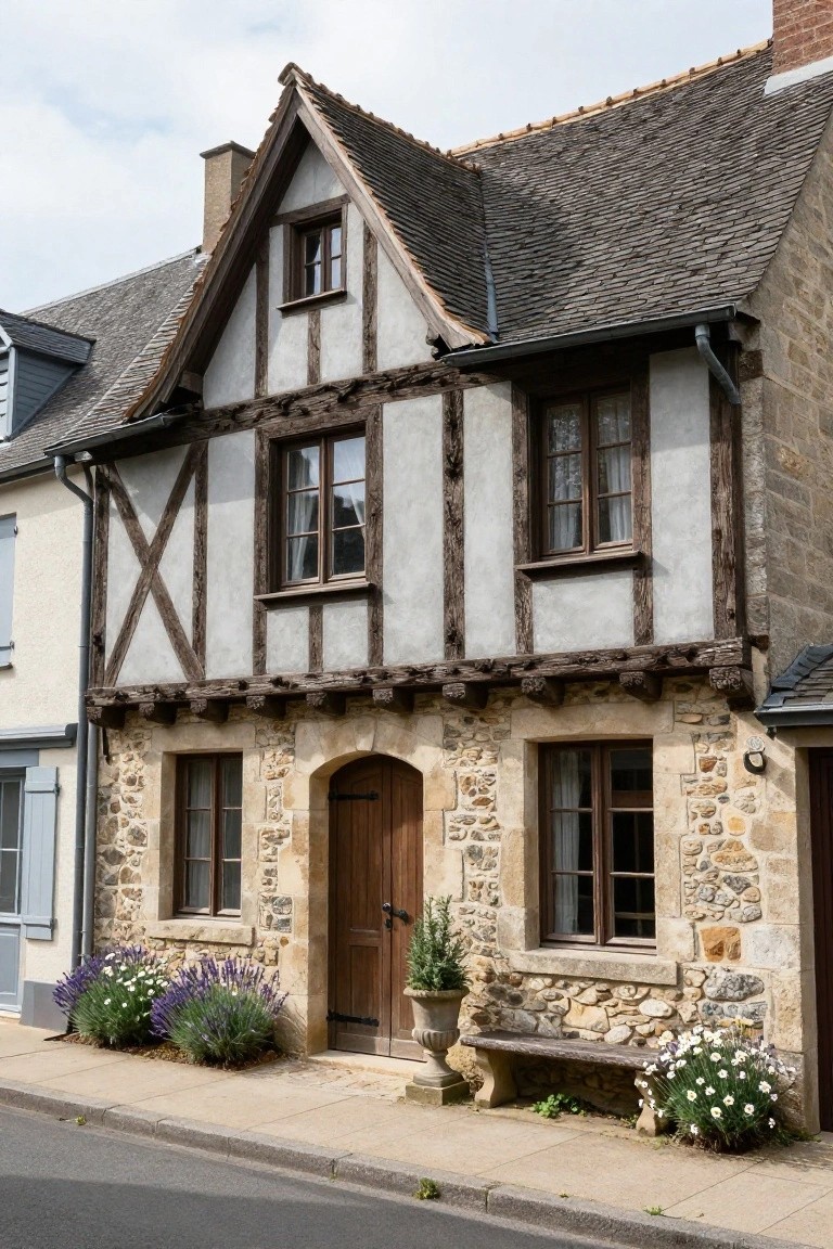 Two-story half-timbered house with white plaster walls, dark wooden beams, stone base, arched wooden entry door, potted plants, bench, and lavender shrubs along the front on a paved street.