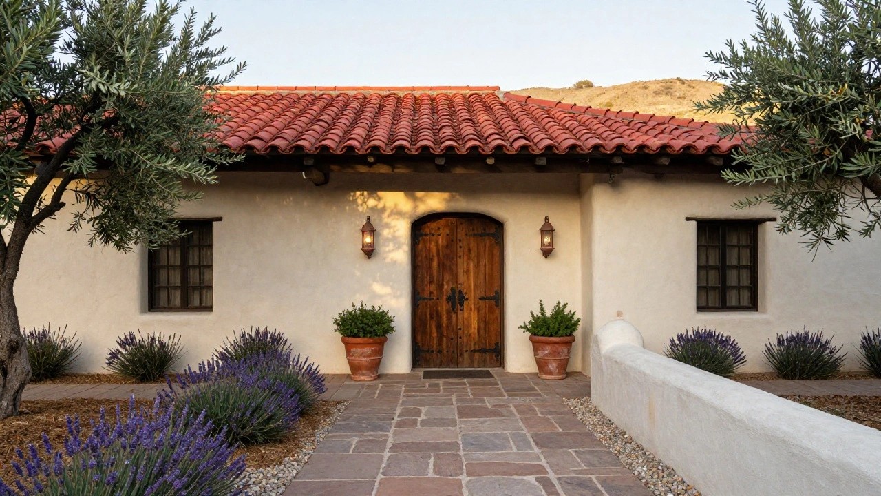 Beige stucco Spanish ranch house exterior with red tile roof, arched wooden entry door with iron hinges, hanging lanterns on either side, potted plants, lavender borders, stone pathway, and distant hills.
