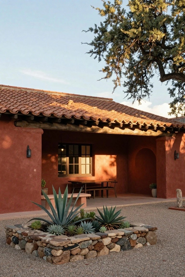 Red stucco Spanish ranch house exterior with terracotta tile roof, shaded portal area containing a wood table and chairs, wall lantern lights, and a rock-bordered planter of agave plants in front.