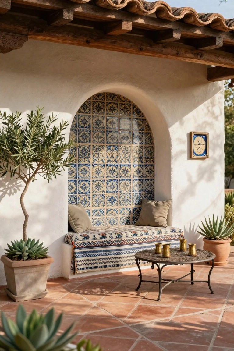 White stucco exterior wall with arched blue and white tiled niche containing a cushioned bench seat, flanked by potted olive tree and agaves, low metal table with brass cups, on terracotta tiled patio under wooden beamed roof.