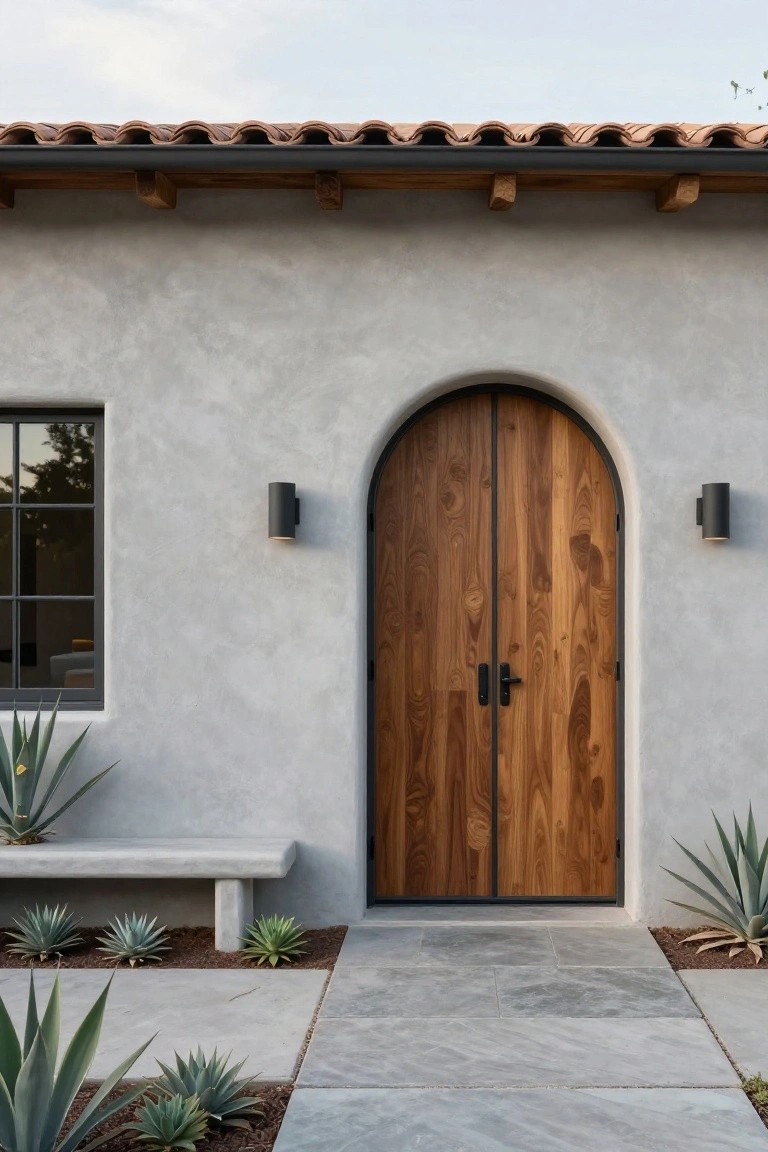 Gray stucco house exterior with red tile roof overhang, black-framed window, tall arched walnut double doors with black hardware and sconces, concrete bench, agave plants, and gray stone pathway.