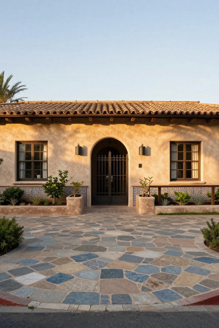 Beige stucco single-story house with red tile roof, arched black wrought iron gate entry flanked by tiled planters with citrus trees and succulents, on irregular stone paver patio with palm tree visible.