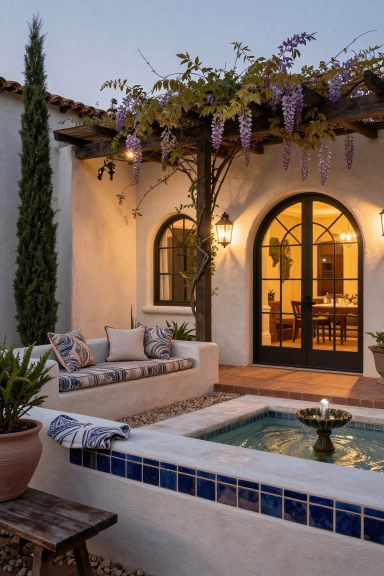 White stucco courtyard wall with arched double doors lit from inside a dining room, built-in cushioned bench, small blue-tiled fountain, wisteria-covered wooden pergola, cypress tree, and potted plants at dusk.