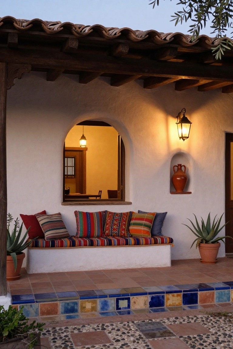 White stucco porch under wooden beams with built-in bench piled with colorful patterned cushions, potted agave plants on either side, wall-mounted lantern, arched window into warm interior room, and colorful tiled steps to gravel path.