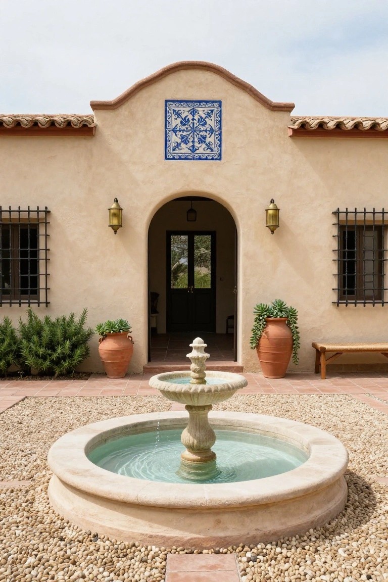 Beige stucco Spanish ranch house exterior with red-tiled roof edge, blue tile detail above arched wooden entry door, wrought iron window grilles, central stone fountain in gravel courtyard, terracotta pots with plants, and wooden bench.