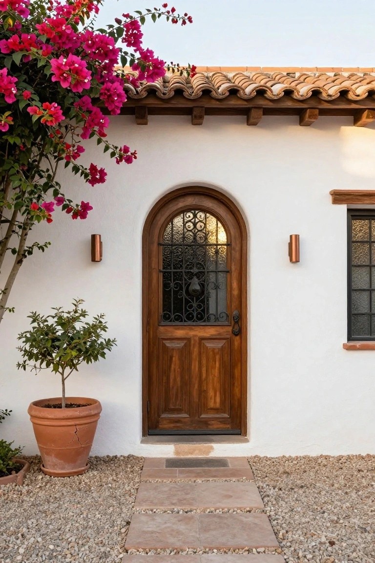 White stucco wall of a Spanish-style house with an arched wooden door featuring black wrought iron grille window, flanked by copper wall lanterns, pink bougainvillea vine overhead, potted citrus tree to the side, and stone step path on gravel ground.