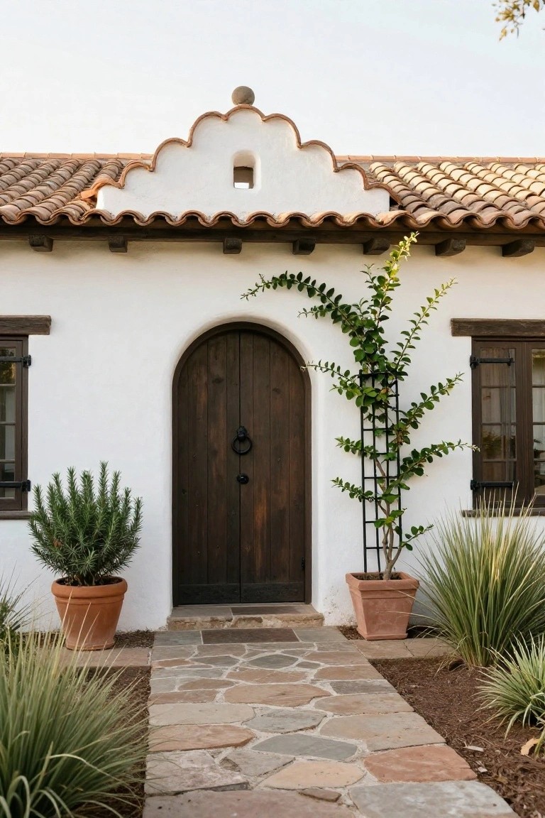 White stucco house facade in Spanish style with terracotta tile roof, scalloped white parapet, dark wood arched front door with black knocker, wooden shuttered windows, potted rosemary and agave plants, climbing vine on trellis, and stone pathway.