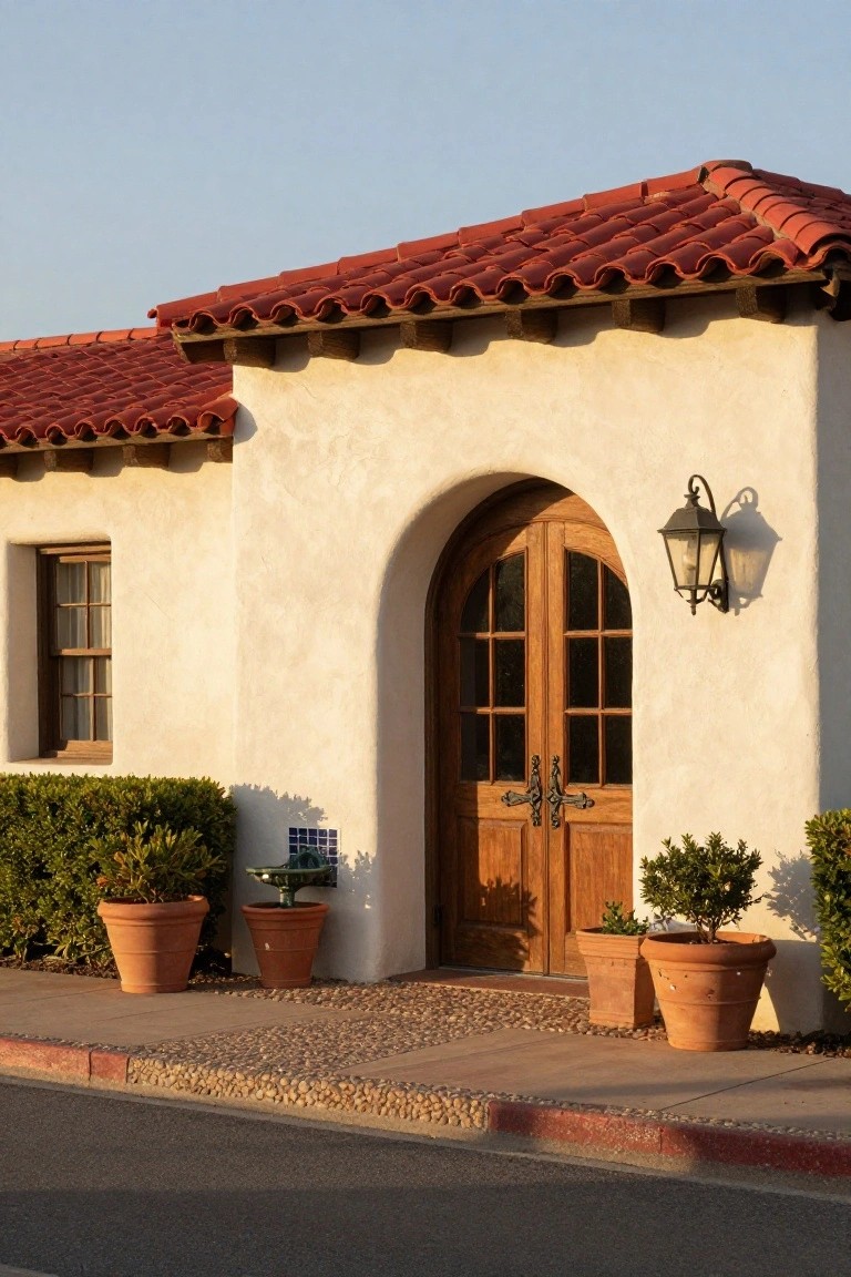 White stucco Spanish ranch house exterior with red tile roof, arched wooden double doors, wall-mounted lantern light, small tile fountain, and terracotta pots with boxwood shrubs beside a gravel walkway.