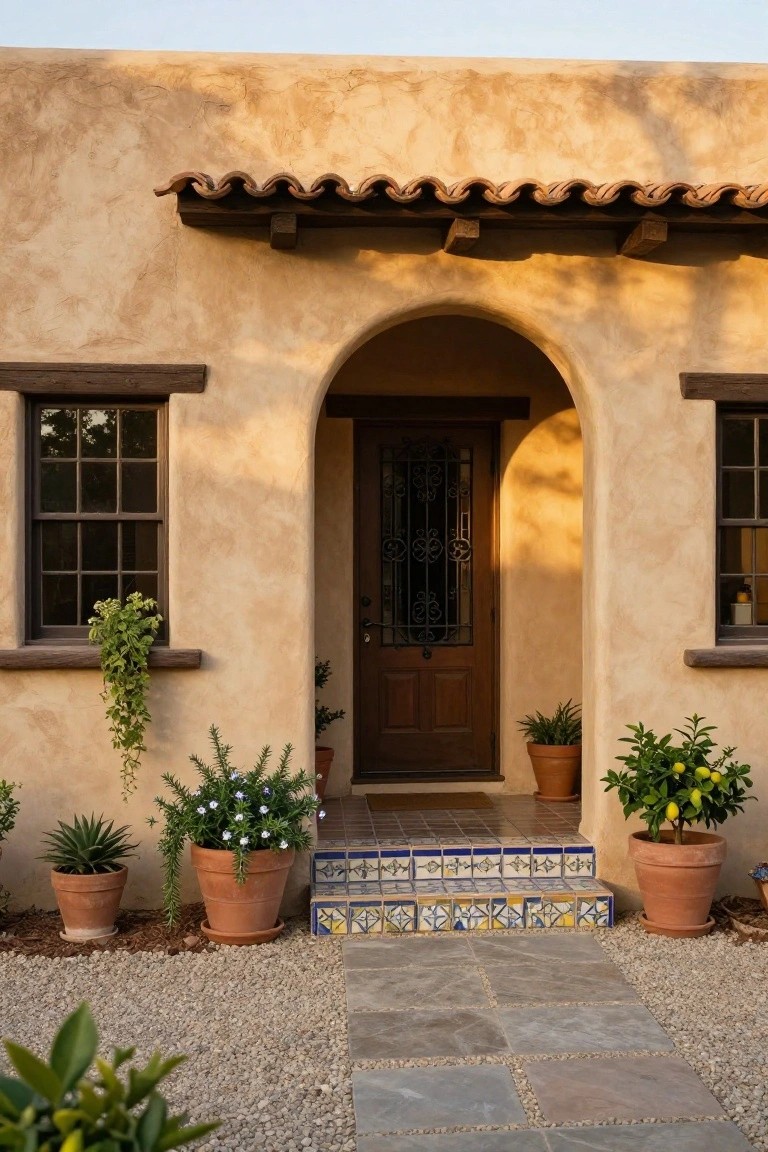 Beige stucco house exterior with arched wooden entry door featuring iron screen, flanked by windows and potted plants including agave and citrus trees, tiled steps, and gravel pathway.