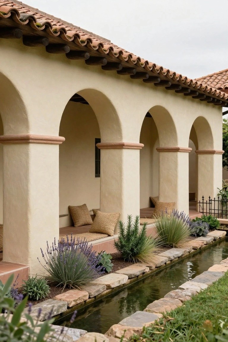 Beige stucco house exterior with red tile roof, three arched openings supported by columns, built-in benches with cushions under the arches, and a stone-lined water channel edged with lavender and grasses alongside.
