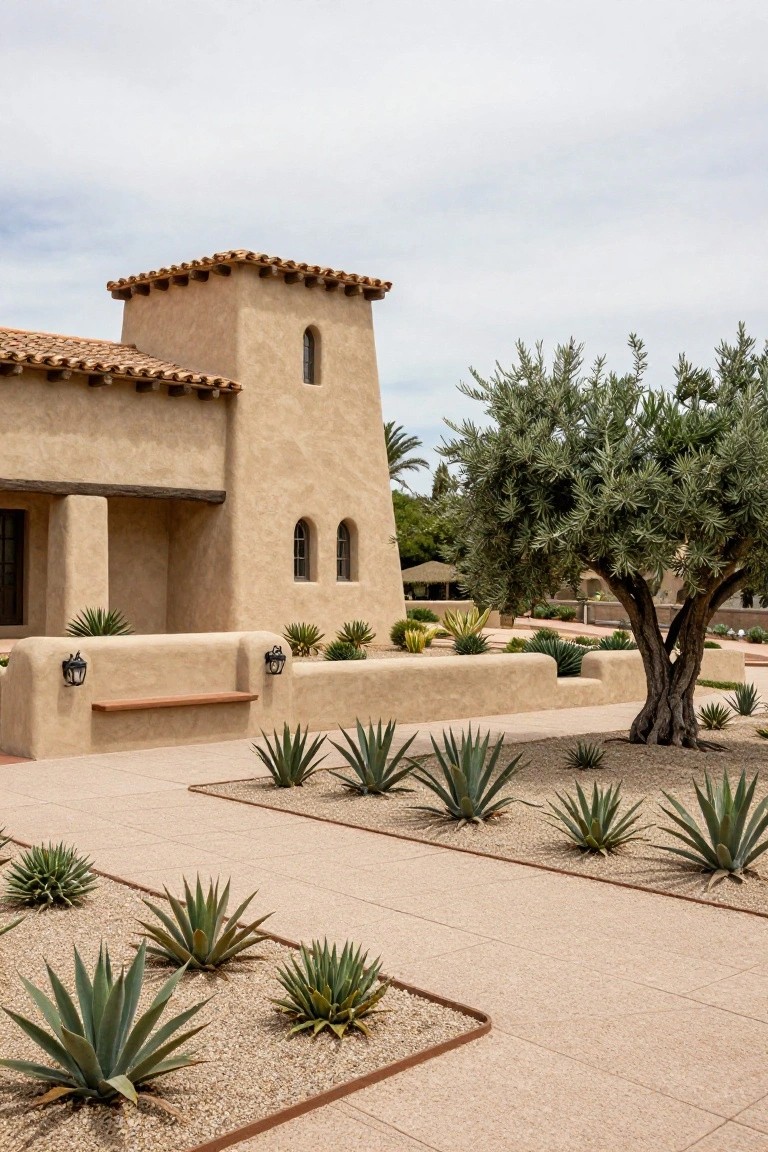 Beige stucco Spanish ranch style house corner with red tile roof accents, small tower, arched windows, low curving walls enclosing an entry bench, agave plants, gravel beds, paver path, olive tree, and distant palms under a cloudy sky.