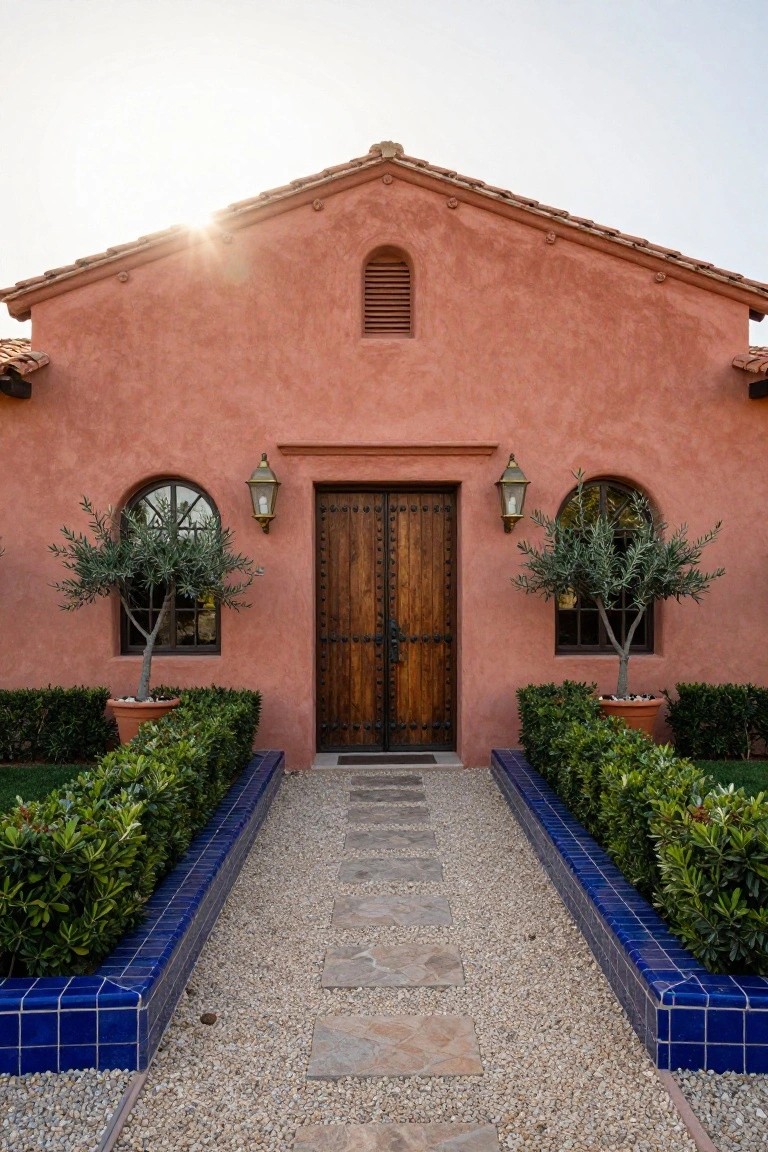 Pink stucco house with red tile roof, featuring a large dark wooden front door with iron hardware, flanked by arched windows with olive trees in terracotta pots, and a stone pathway edged in blue tiles and boxwood hedges.