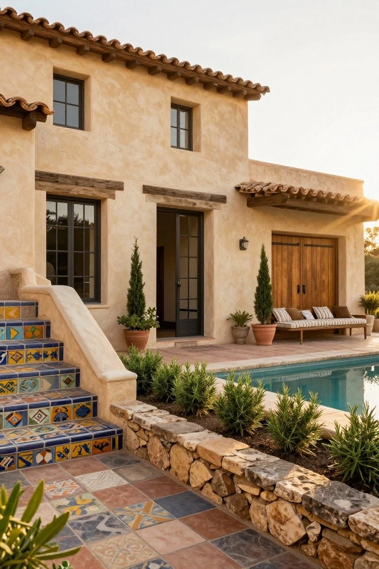Stucco Spanish ranch-style house exterior featuring colorful tiled stairs leading to wooden double doors, with potted plants, a bench by the pool, and stone retaining wall in the foreground.