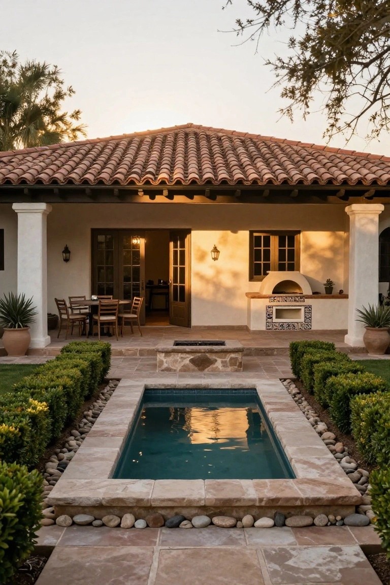 White stucco Spanish ranch house with red tile roof and covered porch overlooking an outdoor dining area, built-in pizza oven, stone fire pit, and rectangular turquoise plunge pool bordered by boxwood hedges, pebbles, and flagstone paving.