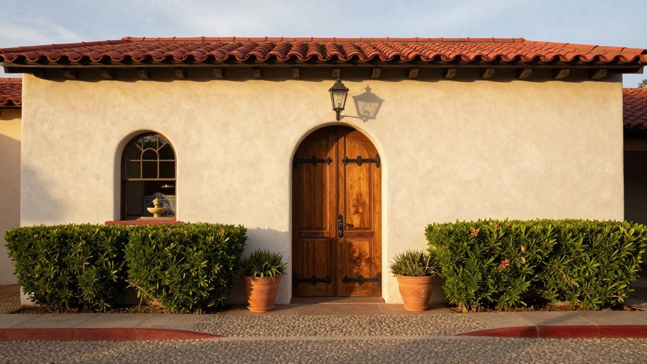 White stucco Spanish ranch house exterior with red tile roof, arched wooden double doors, wall-mounted lantern light, small tile fountain, and terracotta pots with boxwood shrubs beside a gravel walkway.