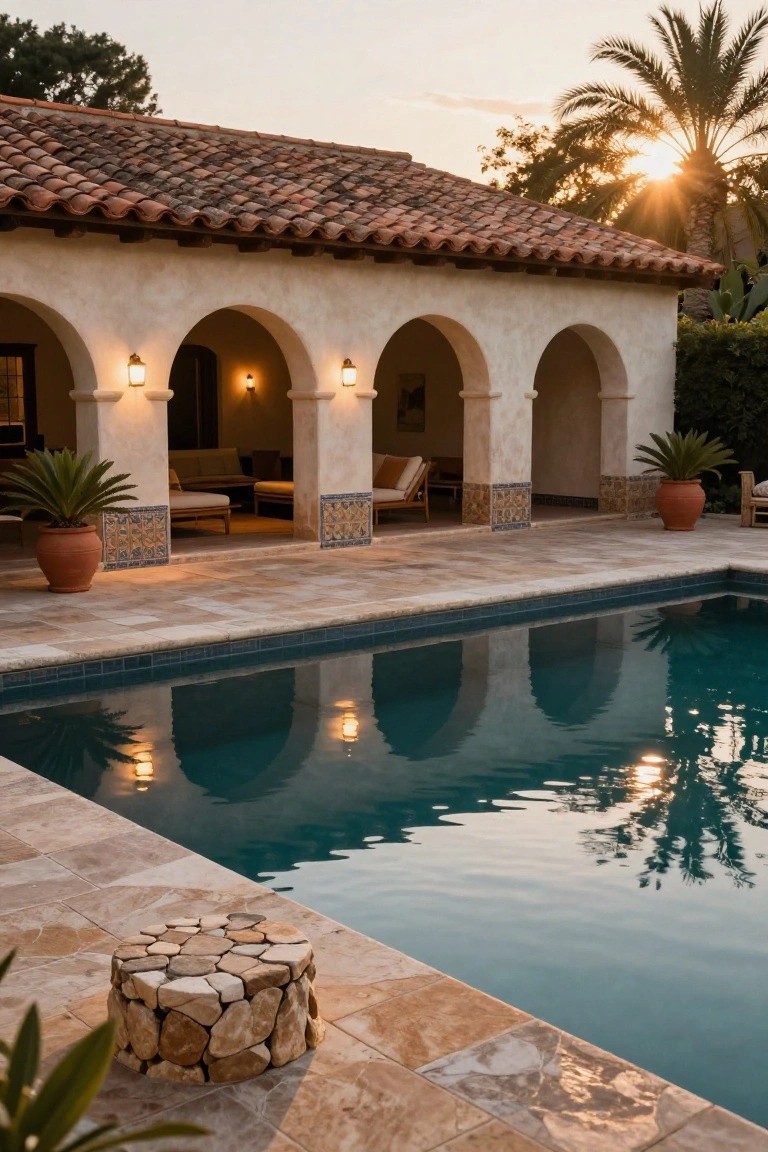 White stucco house exterior with red barrel tile roof and three rounded arches forming a loggia next to a rectangular pool, outdoor seating underneath, potted plants, stone stool by pool edge, palm trees, and sunset sky.