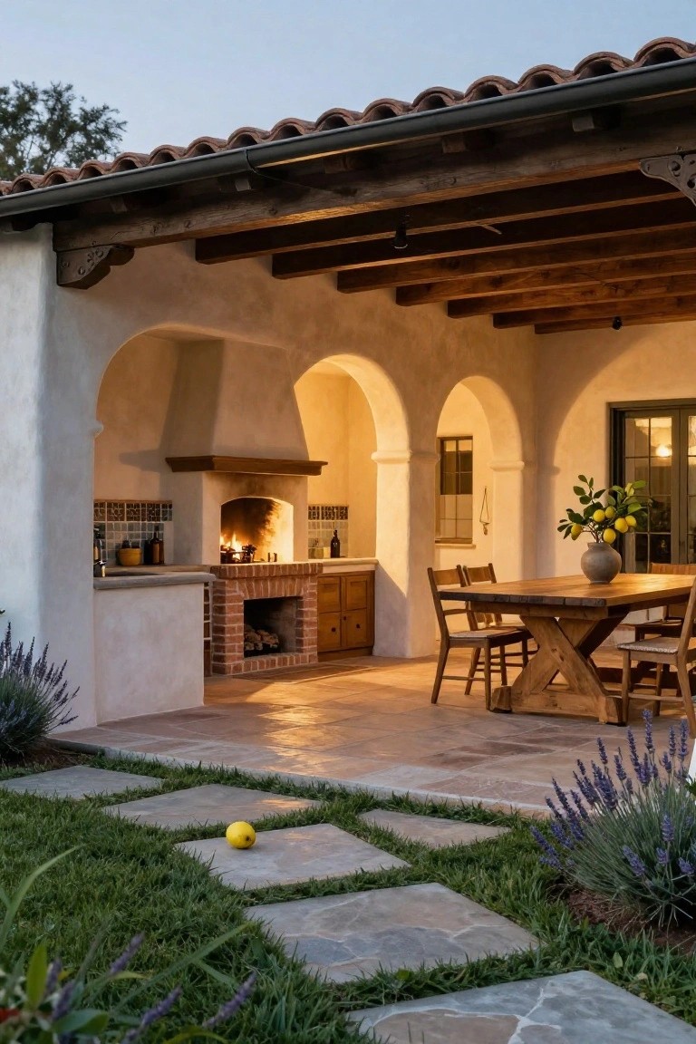 Covered outdoor patio with white stucco arches and wooden beams, featuring a built-in brick fireplace and wood oven, wooden dining table with chairs, potted plants, and stone pavers leading to grass and lavender.