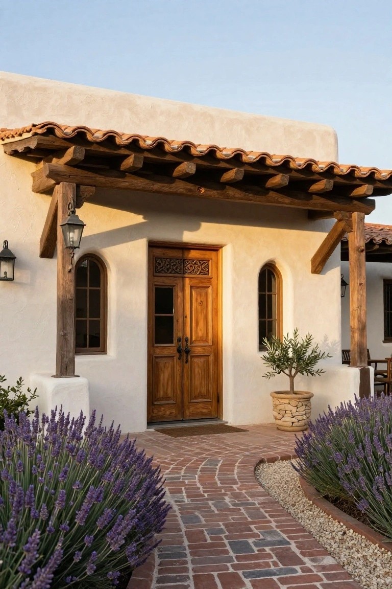 Spanish ranch style house exterior with carved wooden double doors under a wooden beam portico on stucco walls, arched windows on sides, lanterns, potted olive tree, lavender plants, and curved brick pathway.