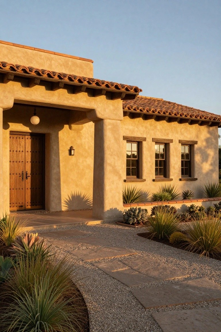 Beige stucco Spanish ranch house exterior with terracotta tile roof, wooden studded front door under a covered portal, three wooden-framed windows, and gravel pathway edged with agave plants.