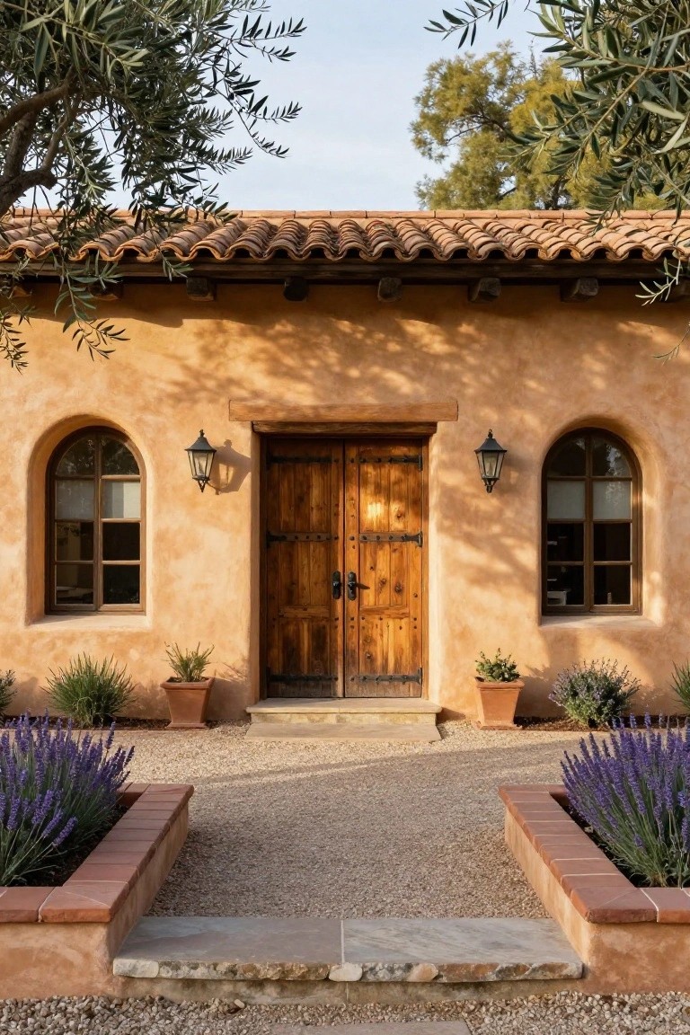 Beige stucco Spanish ranch house facade with terracotta tile roof, arched windows, wooden double entry doors with iron hardware, wall lanterns, potted plants, lavender beds in brick planters, and gravel pathway under olive trees.