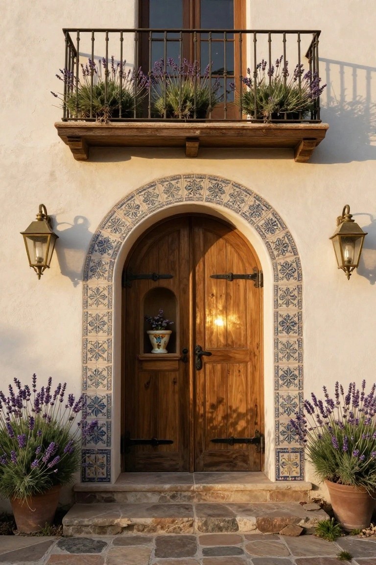 White stucco house facade with wooden double doors under a blue-and-white tiled arched surround, brass lanterns on sides, lavender plants in terracotta pots flanking the entry, wooden balcony with lavender above, and stone steps leading up.