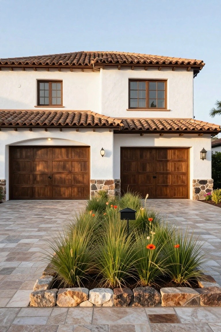 White stucco Spanish ranch style house exterior with terracotta tile roof, two arched dark wood paneled garage doors, stone base accents, and central driveway planting bed of grasses and orange flowers edged in rocks on paver surface.