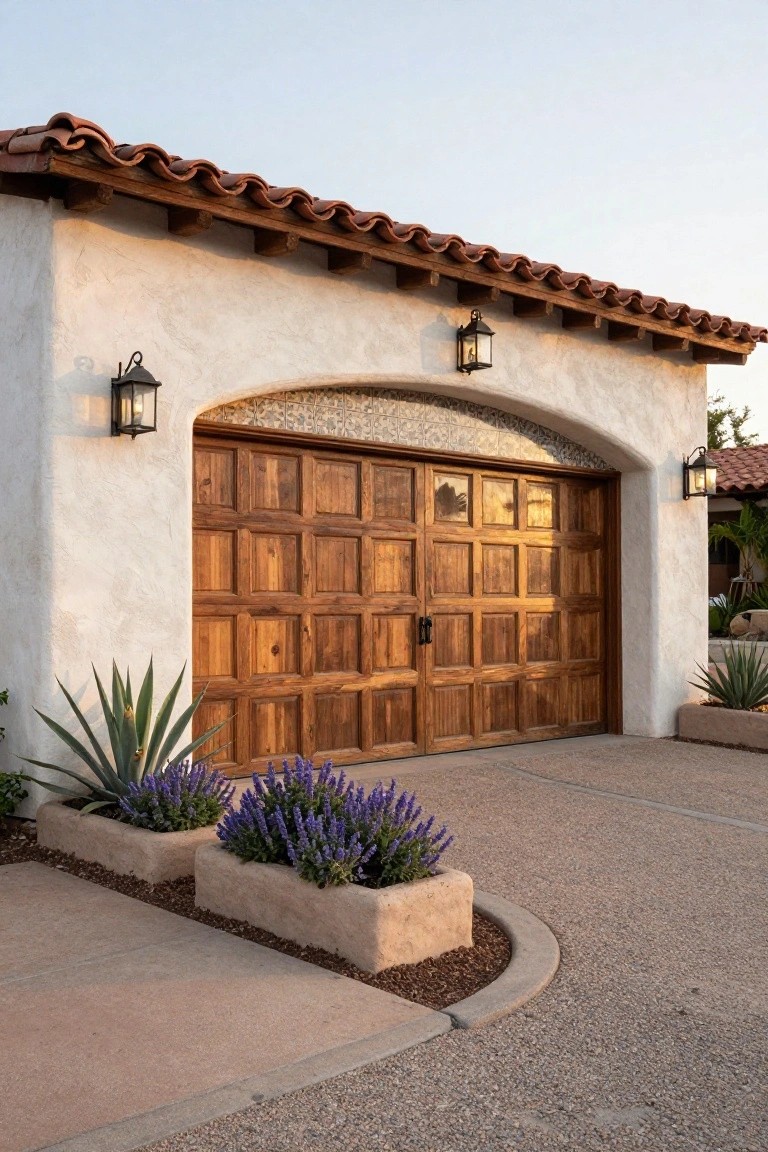 Spanish ranch style garage exterior with light stucco walls, large dark wood paneled double door under an arch, terracotta tile roof, shell tile accents above the door, black metal lanterns, and concrete planters with agave and lavender plants beside a gravel driveway.