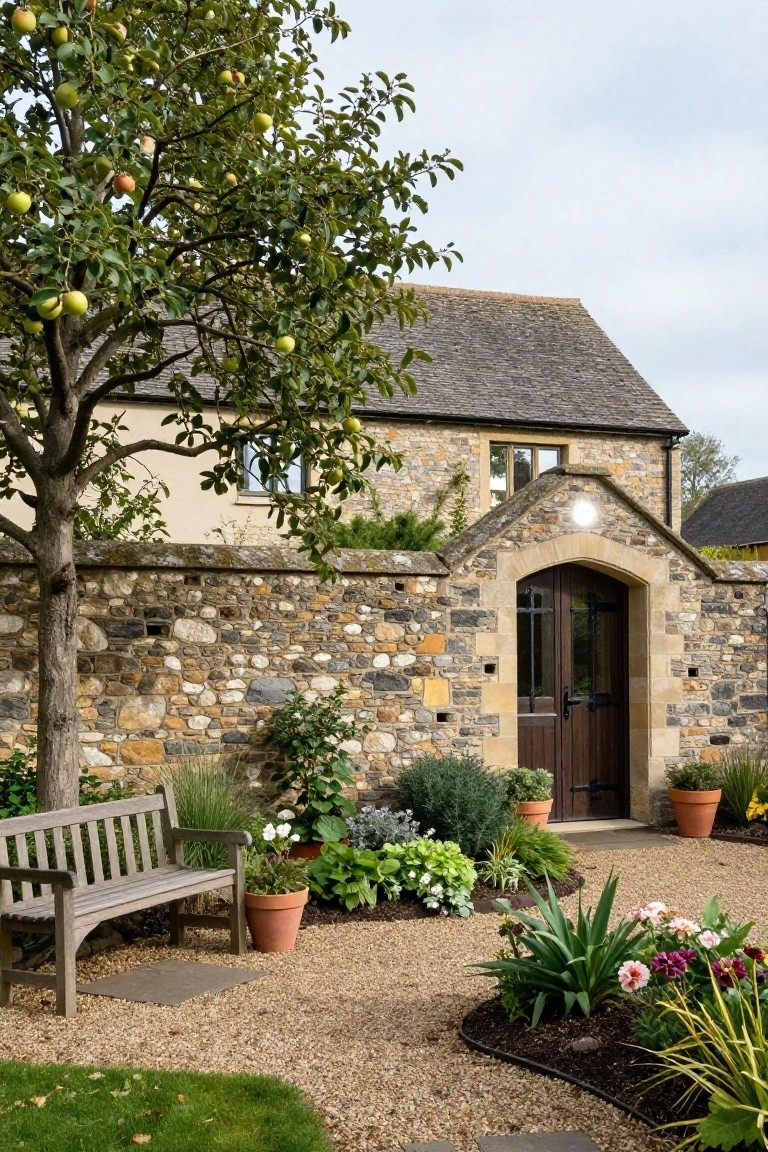 Stone cottage exterior featuring an arched wooden double door in a matching stone wall, with an apple tree, wooden bench, potted plants, gravel path, and garden beds in front.