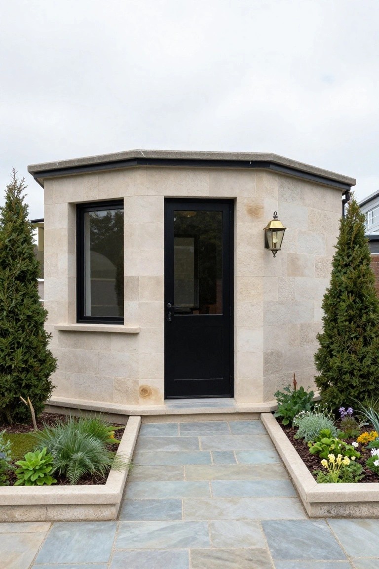 Octagonal beige stone garden pavilion with black-framed door and window, brass lantern beside the door, slate tile path, conifer trees on both sides, and low planting beds along the front.