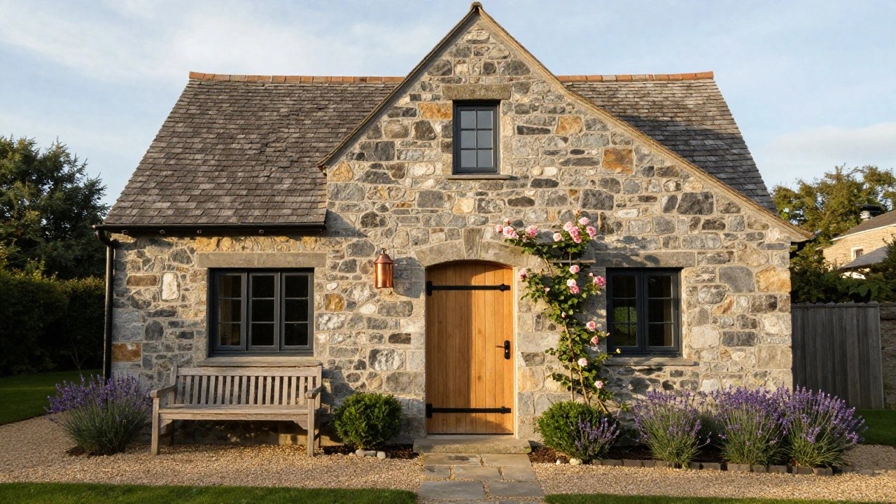 Stone cottage exterior with gray rubble stone walls, slate roof, black-framed windows, arched wooden front door with lantern light, wooden bench, climbing pink roses, lavender plants, and gravel path.