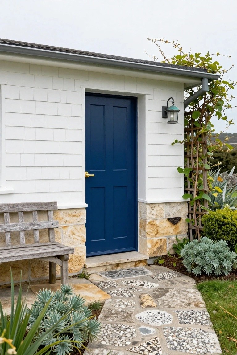 White clapboard shed exterior with navy blue door, beige stone base, wooden bench nearby, pebble stone path, and drought-tolerant plants including succulents and vines.