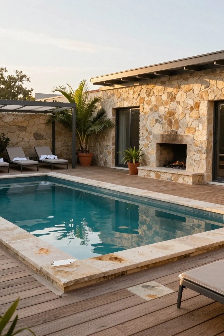 Turquoise rectangular pool with beige stone coping on a wooden deck, adjacent to a beige stone house wall with an outdoor fireplace, lounge chairs, potted plants, and a pergola-covered palm tree area.