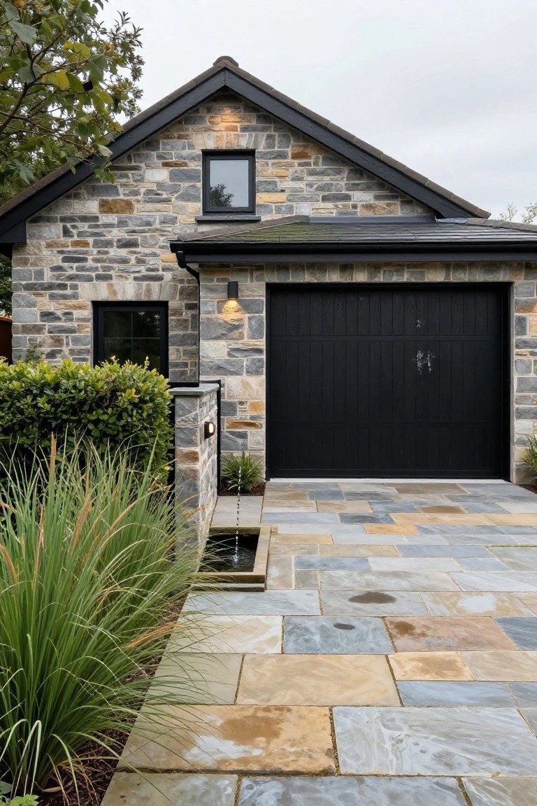 Front exterior of a modern cottage-style home with varied gray, beige, and brown stone facade, black garage door, slate paver driveway, ornamental grasses, boxwood hedge, and wall lights under cloudy sky.
