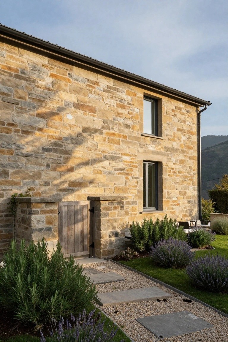 Side exterior of a stone cottage with textured tan and gray walls, narrow black-framed windows, wooden gate on stone pillars, gravel and slab path, rosemary and lavender shrubs, and distant mountains under a partly cloudy sky.