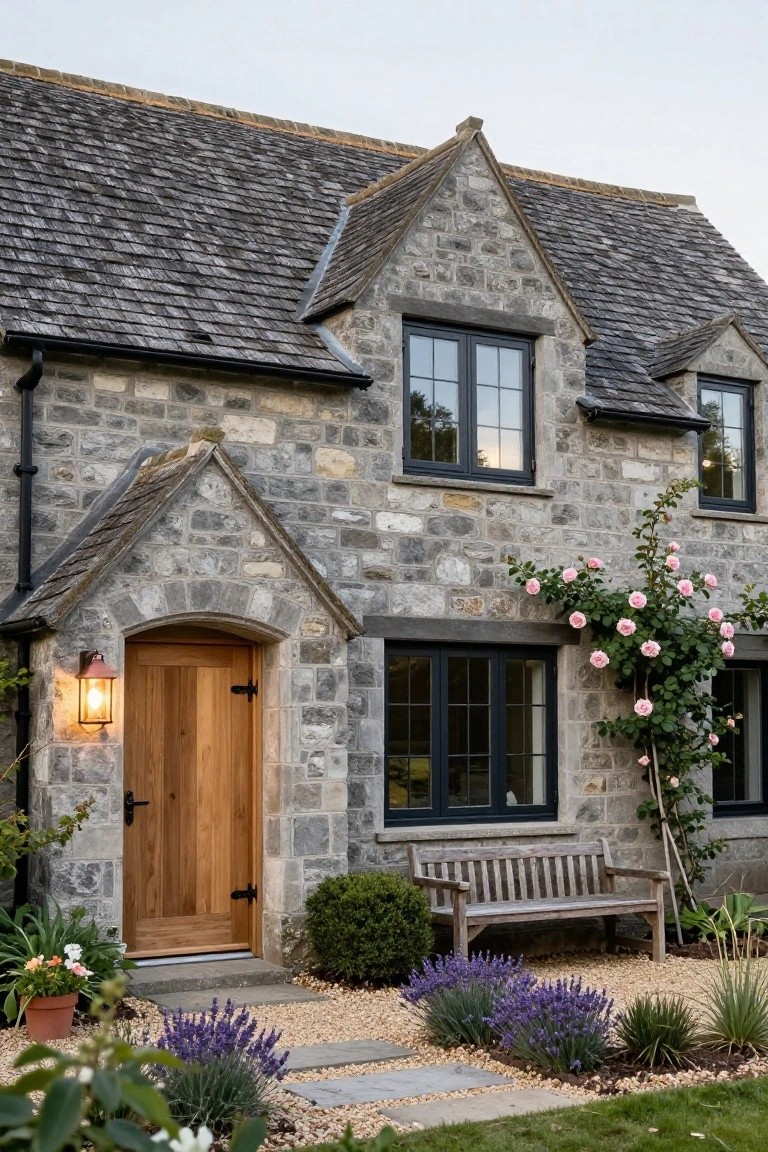 Stone cottage exterior with gray rubble stone walls, slate roof, black-framed windows, arched wooden front door with lantern light, wooden bench, climbing pink roses, lavender plants, and gravel path.