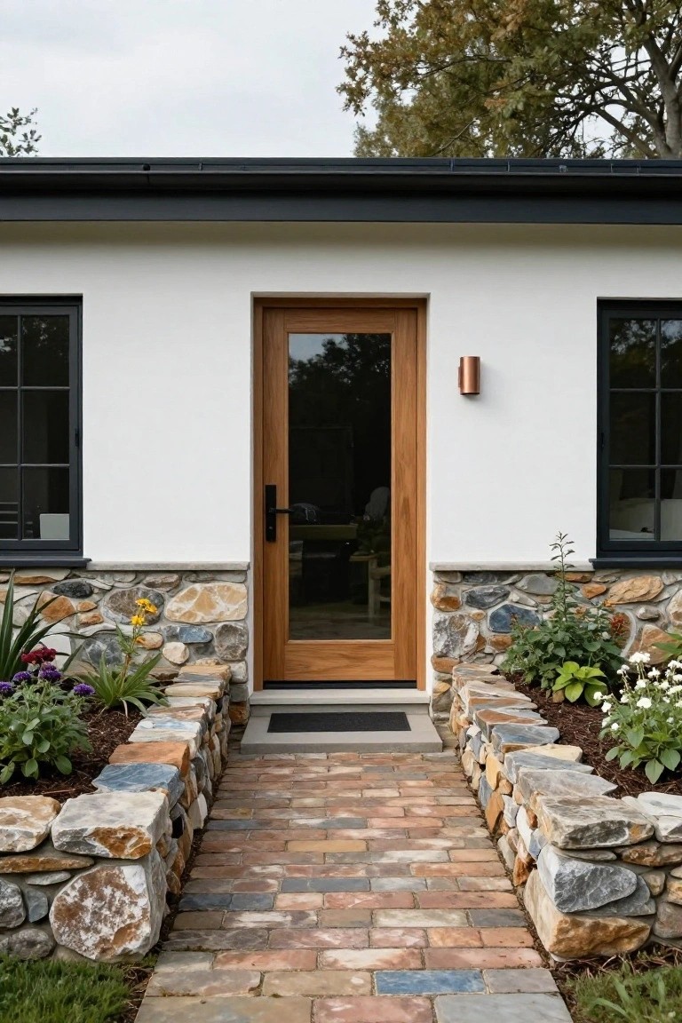 Front facade of a single-story modern cottage with white stucco walls, black-framed windows, a glass-paneled oak front door, copper wall light, black roof edge, stacked natural stone base and borders, brick pathway, and low plantings.