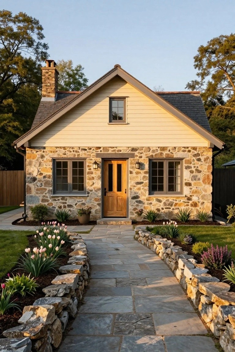 Small cottage exterior with fieldstone lower walls, yellow clapboard siding, gabled slate roof, wooden front door, stone-edged flagstone path, and low plantings.