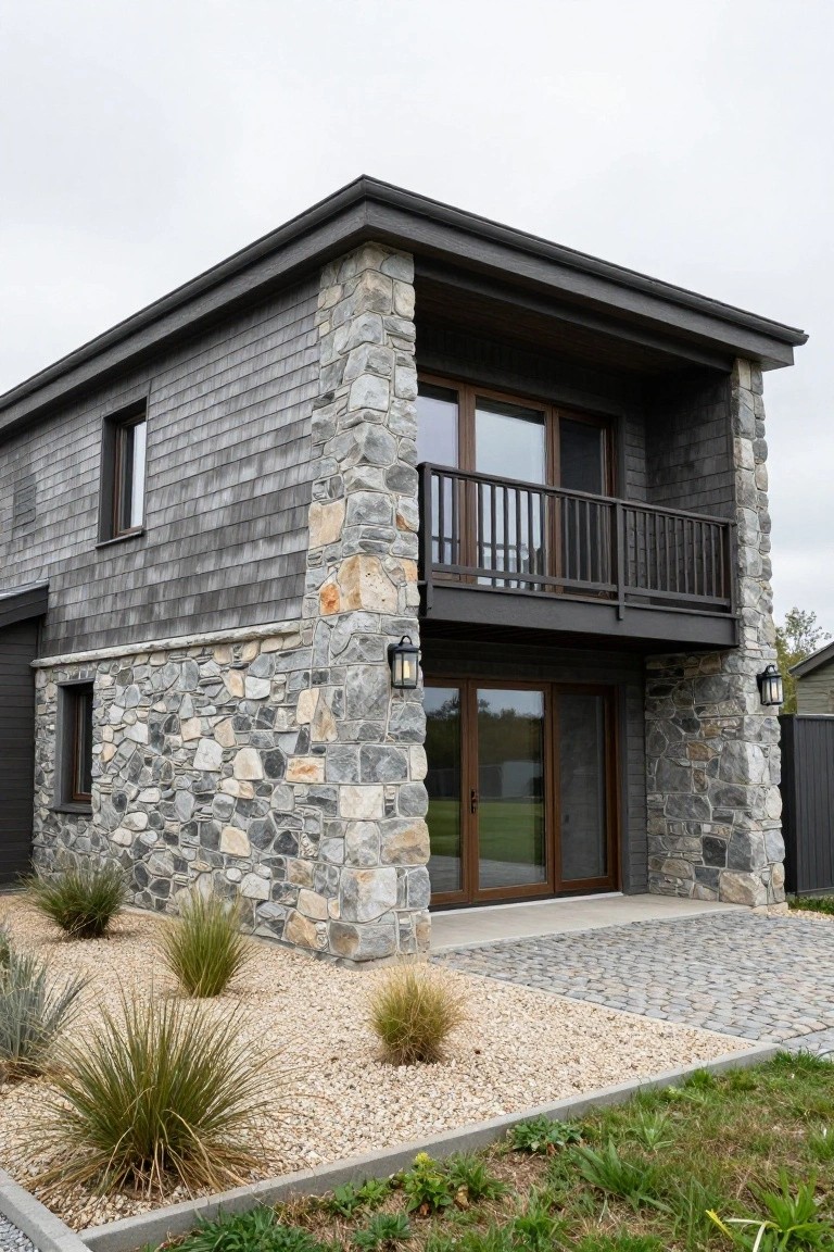 Modern two-story cottage house exterior with gray stacked stone base and corners, dark shingle siding, wooden balcony with railing, glass entry doors flanked by lanterns, and gravel area with ornamental grasses.